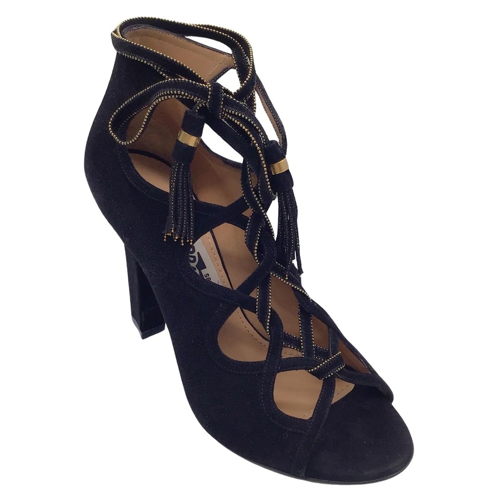 Salvatore Ferragamo Black / Gold Tyla Suede Lace Up Sandals 37.5